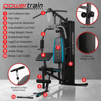 Powertrain JX-300 Multi Station Home Gym 44kg Weight Stack Cable Machine, Curl Pad Leg Extension and Pull-down Bar - Image 2