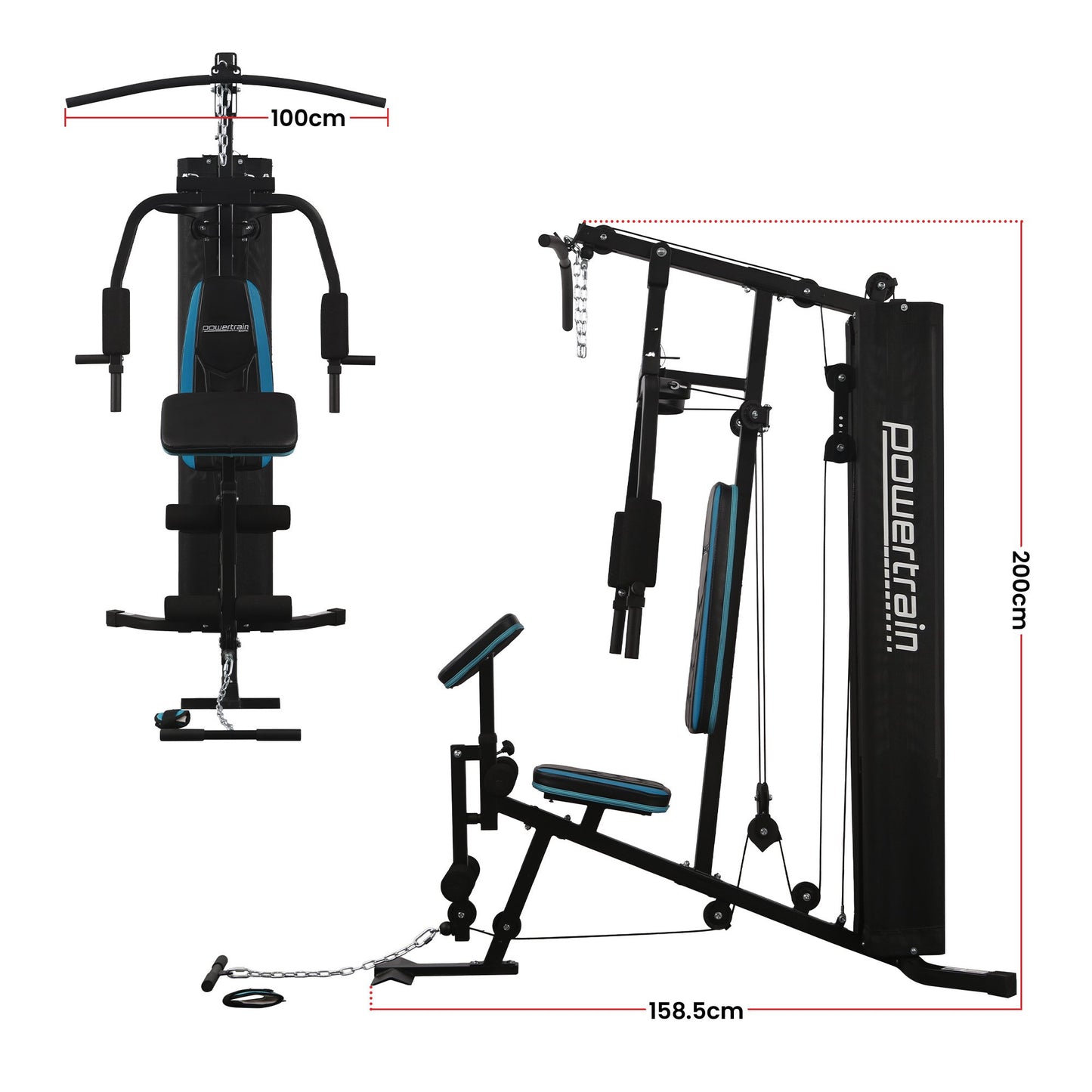 Powertrain JX-300 Multi Station Home Gym 44kg Weight Stack Cable Machine, Curl Pad Leg Extension and Pull-down Bar - Image 3