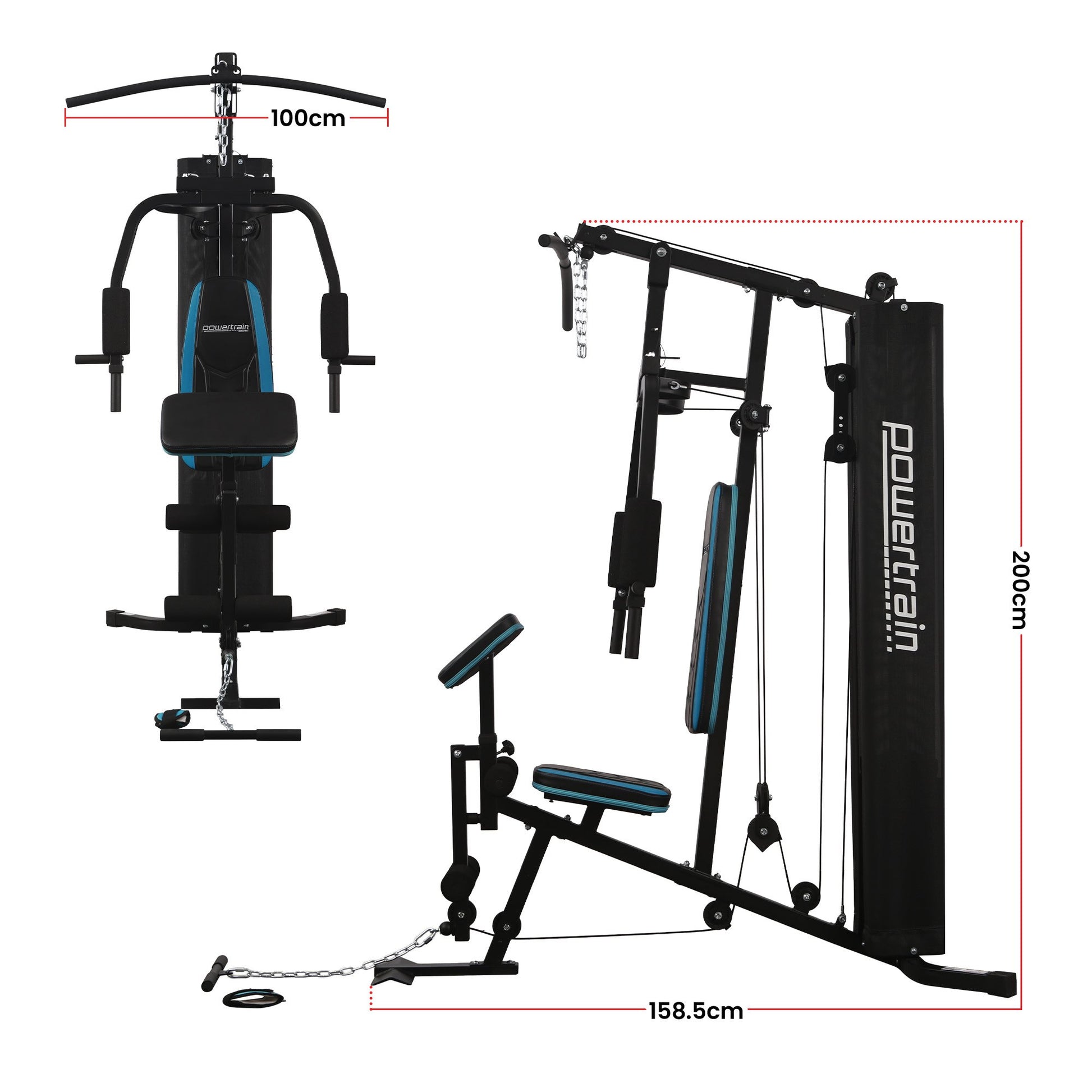 Powertrain JX-300 Multi Station Home Gym 44kg Weight Stack Cable Machine, Curl Pad Leg Extension and Pull-down Bar - Image 3