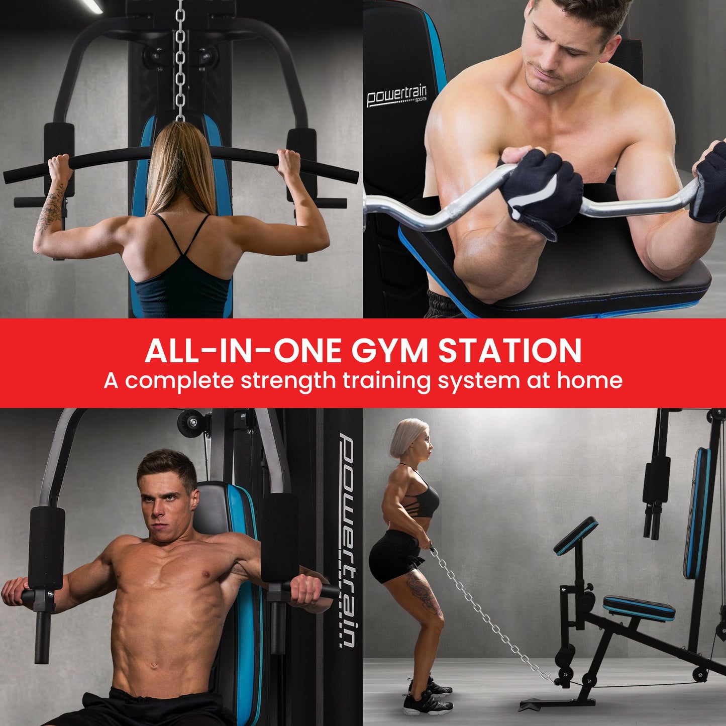 Powertrain JX-300 Multi Station Home Gym 44kg Weight Stack Cable Machine, Curl Pad Leg Extension and Pull-down Bar - Image 7