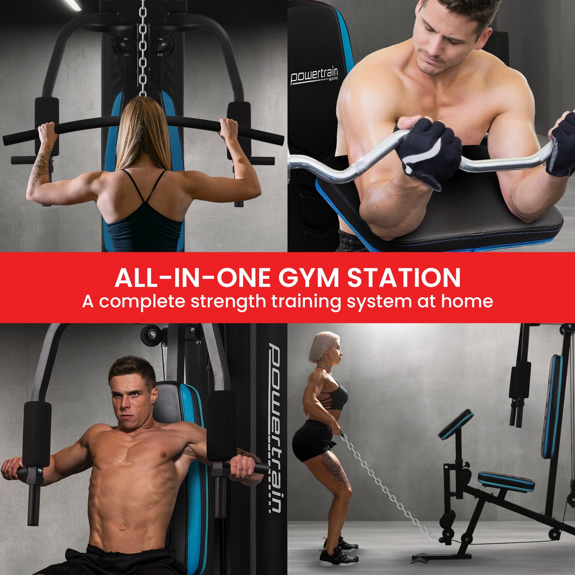 Powertrain JX-300 Multi Station Home Gym 44kg Weight Stack Cable Machine, Curl Pad Leg Extension and Pull-down Bar - Image 7