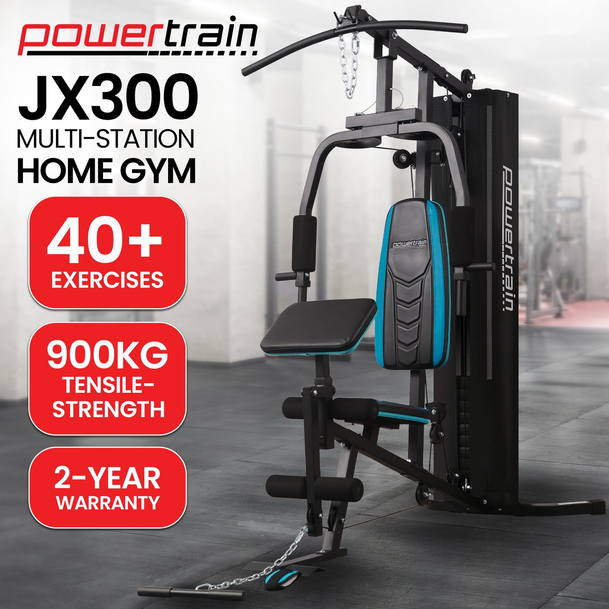 Powertrain JX-300 Multi Station Home Gym 44kg Weight Stack Cable Machine, Curl Pad Leg Extension and Pull-down Bar - Image 9