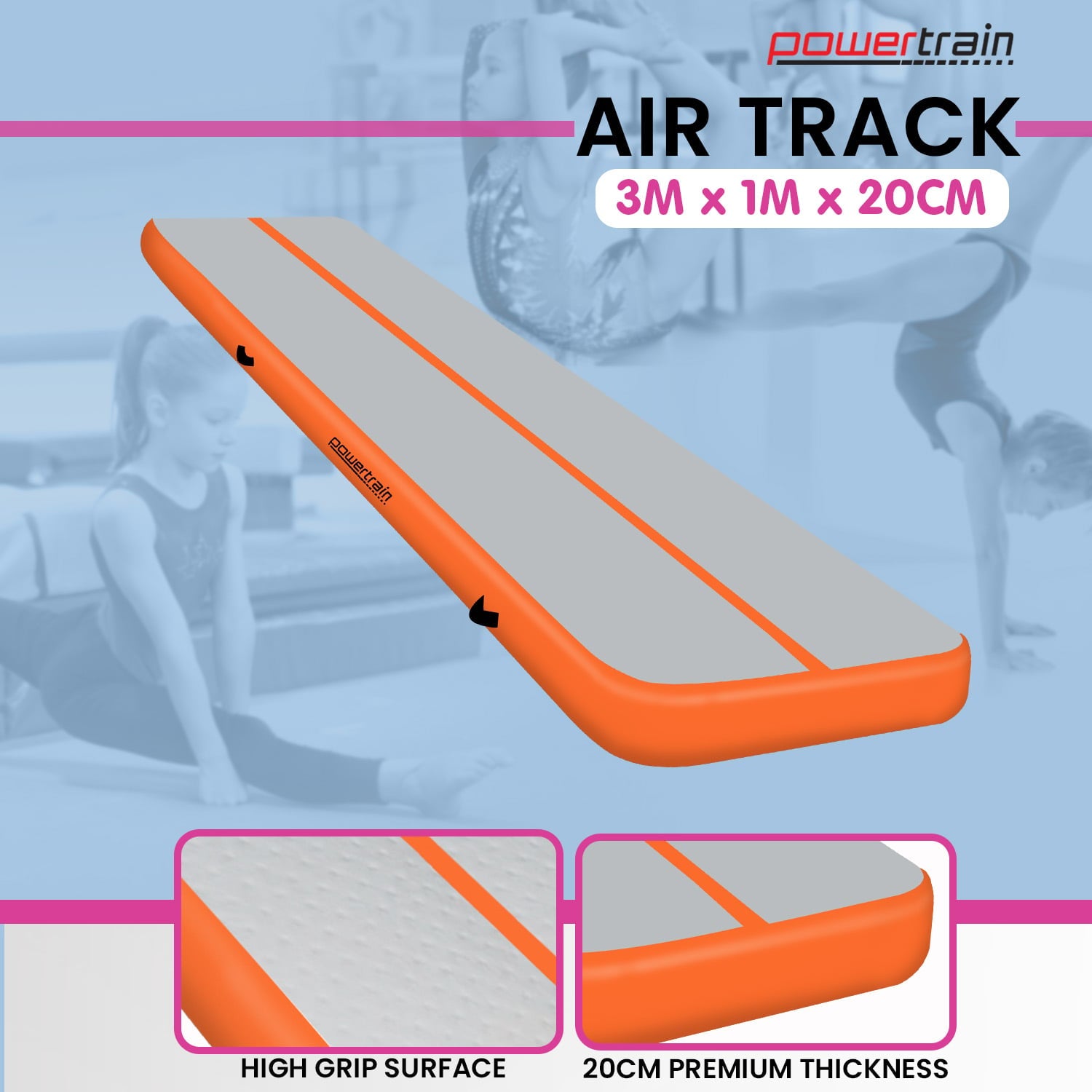 Powertrain Airtrack 20cm Thick 3m x 1m Inflatable Gymnastics Tumbling Mat Air Track - Orange - Image 2