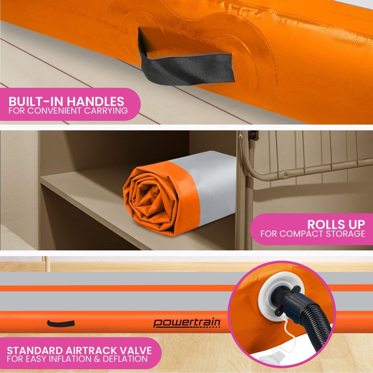 Powertrain Airtrack 20cm Thick 3m x 1m Inflatable Gymnastics Tumbling Mat Air Track - Orange - Image 7