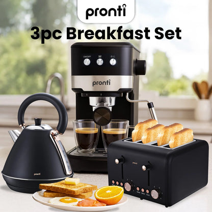 Pronti Breakfast Set with Rose Gold Kettle & Toaster with 1.2L Espresso Machine - Black - Image 2