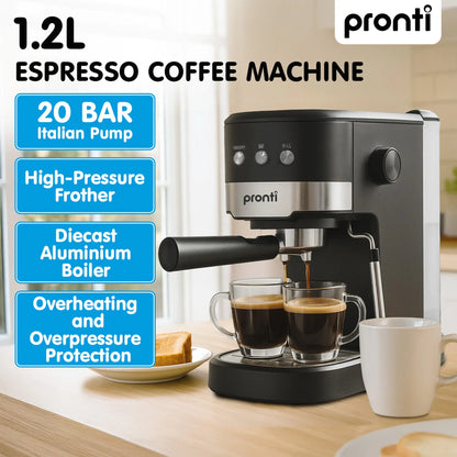 Pronti Breakfast Set with Rose Gold Kettle & Toaster with 1.2L Espresso Machine - Black - Image 3