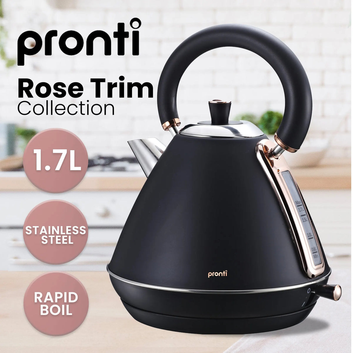 Pronti Breakfast Set with Rose Gold Kettle & Toaster with 1.2L Espresso Machine - Black - Image 4