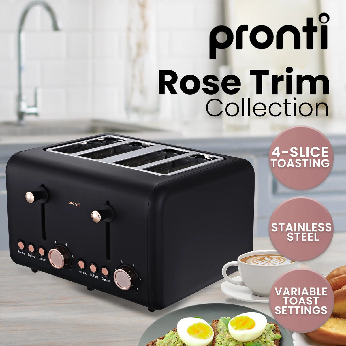 Pronti Breakfast Set with Rose Gold Kettle & Toaster with 1.2L Espresso Machine - Black - Image 5