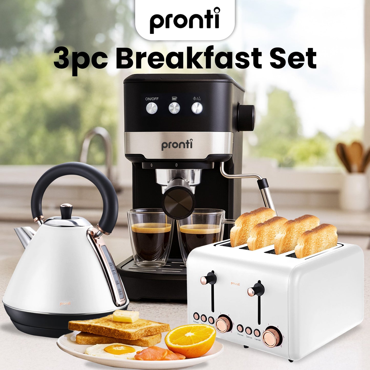 Pronti Breakfast Set with Rose Gold Kettle & Toaster with 1.2L Espresso Machine - White - Image 2