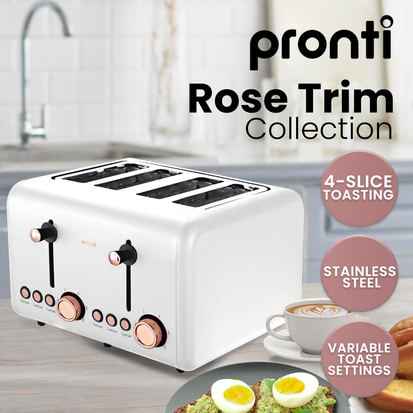 Pronti Breakfast Set with Rose Gold Kettle & Toaster with 1.2L Espresso Machine - White - Image 5