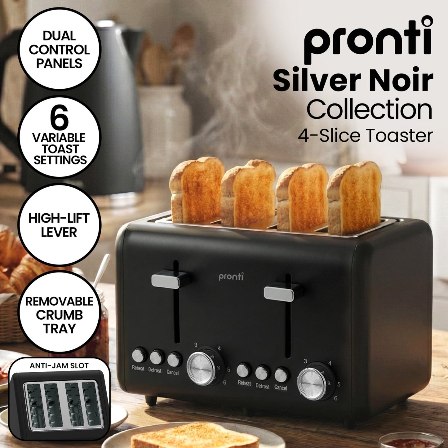 Pronti Silver Noir Collection 4 Slice Toaster and Kettle Bundle - Image 9