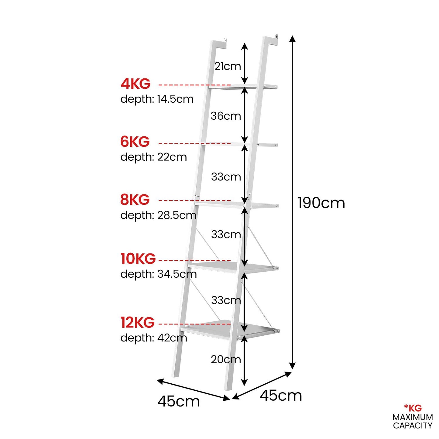 Sarantino Amelia 5-Tier Ladder Shelf in White - Image 3