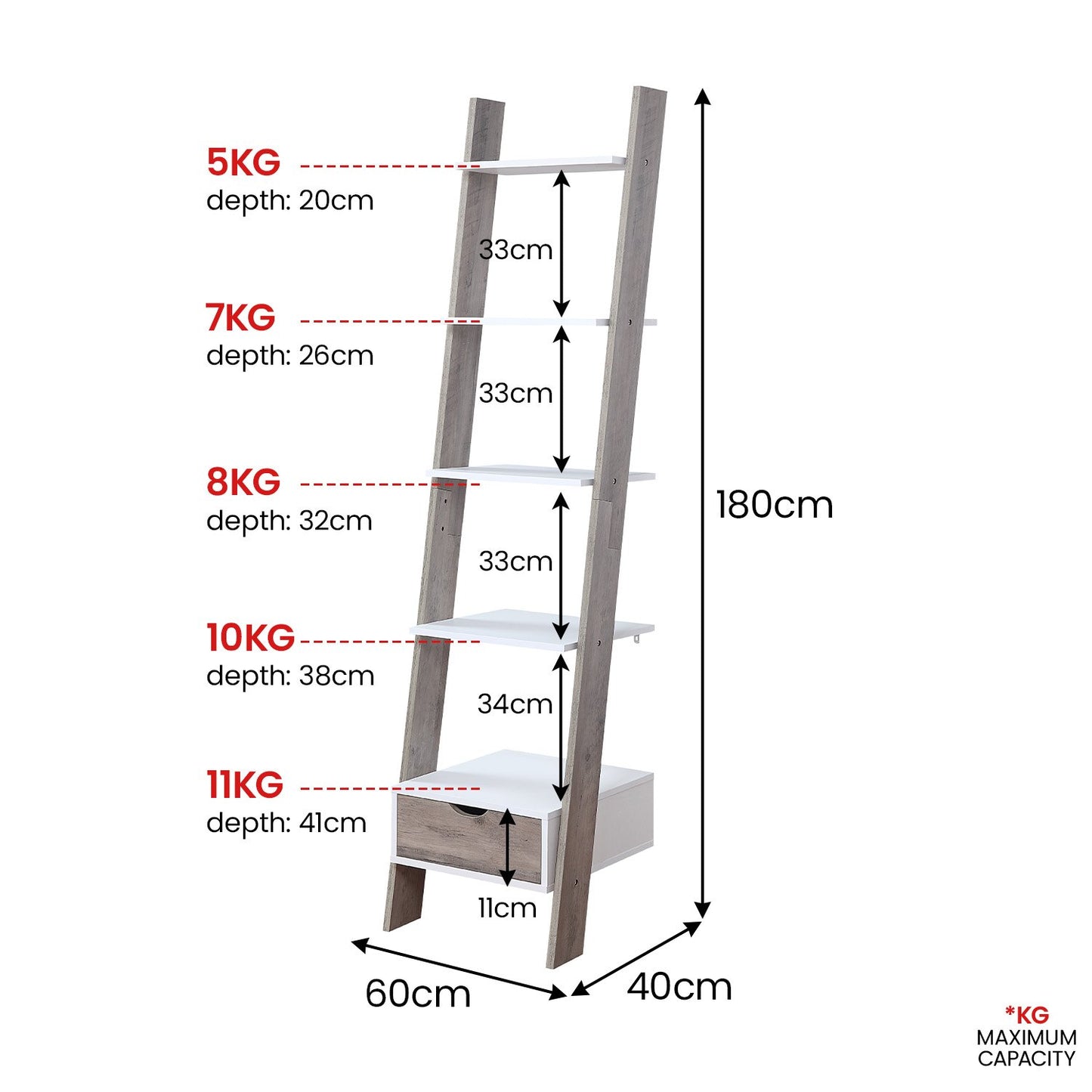 Sarantino Mira 5-tier Ladder Shelf In White And Grey Oak - Image 3