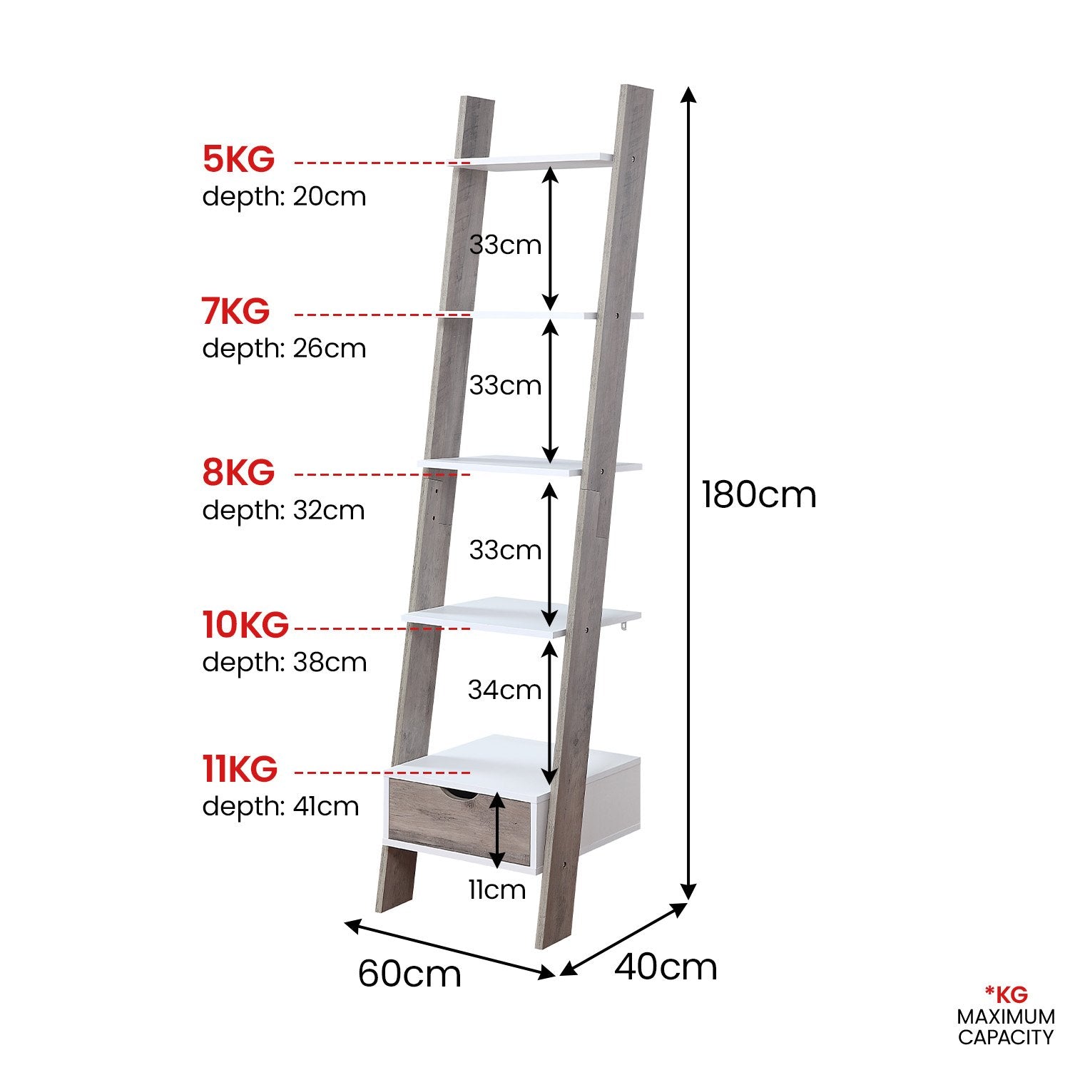 Sarantino Mira 5-tier Ladder Shelf In White And Grey Oak - Image 3