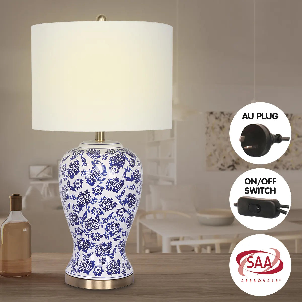 Sarantino Table Lamp Ceramic Floral Base Cotton Drum Shade - Image 6