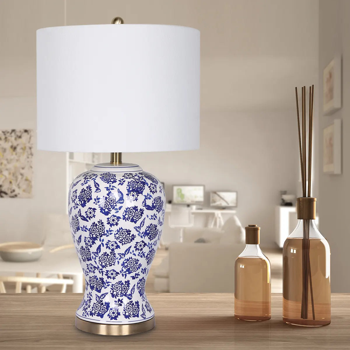 Sarantino Table Lamp Ceramic Floral Base Cotton Drum Shade - Image 7
