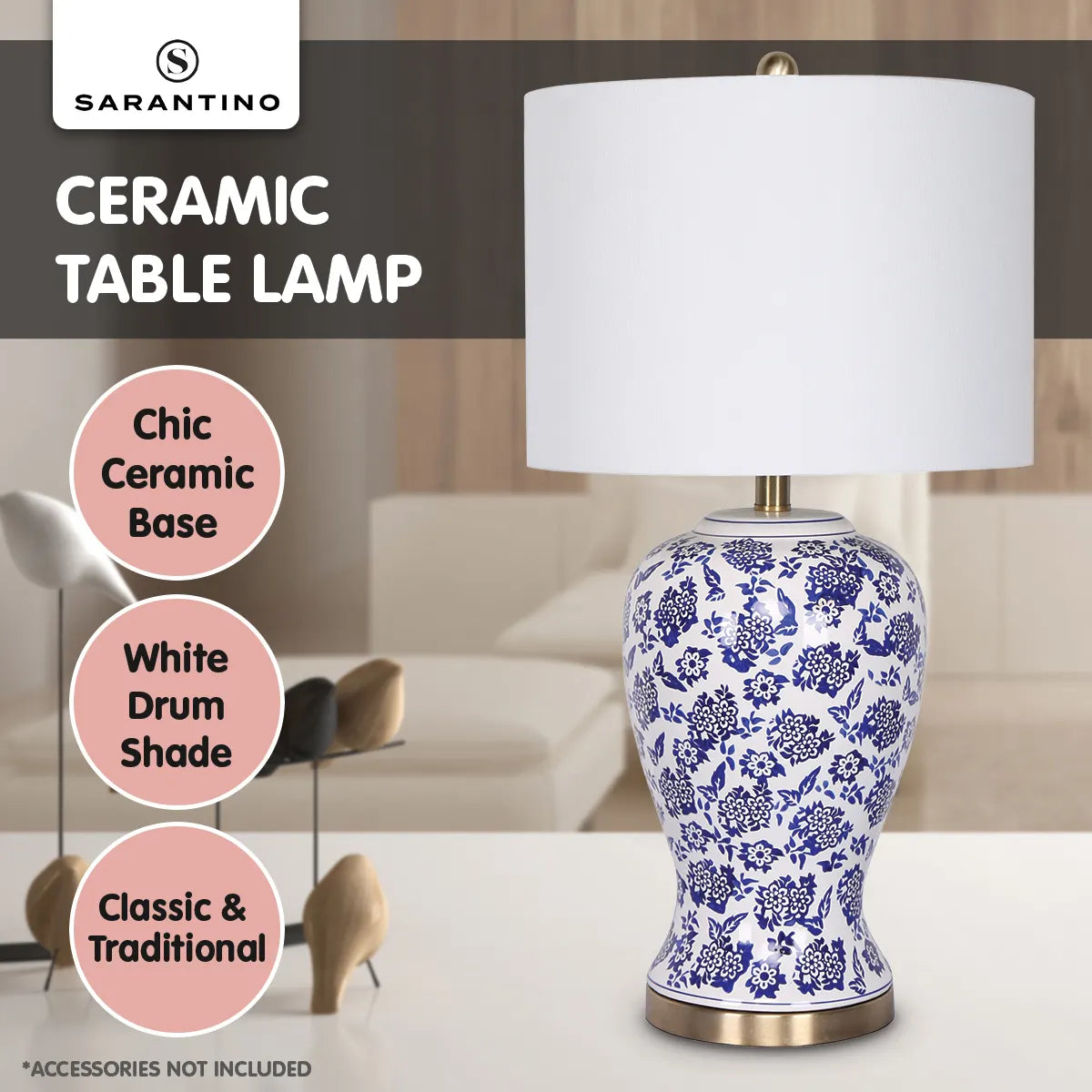 Sarantino Table Lamp Ceramic Floral Base Cotton Drum Shade - Image 8