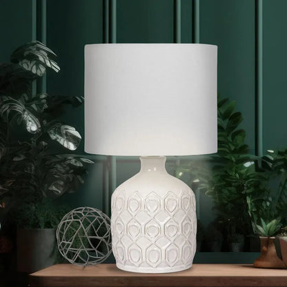 Sarantino Cream Ceramic Table Lamp with White Fabric Shade, Antique Herringbone Patterned Bedside Light - Image 5