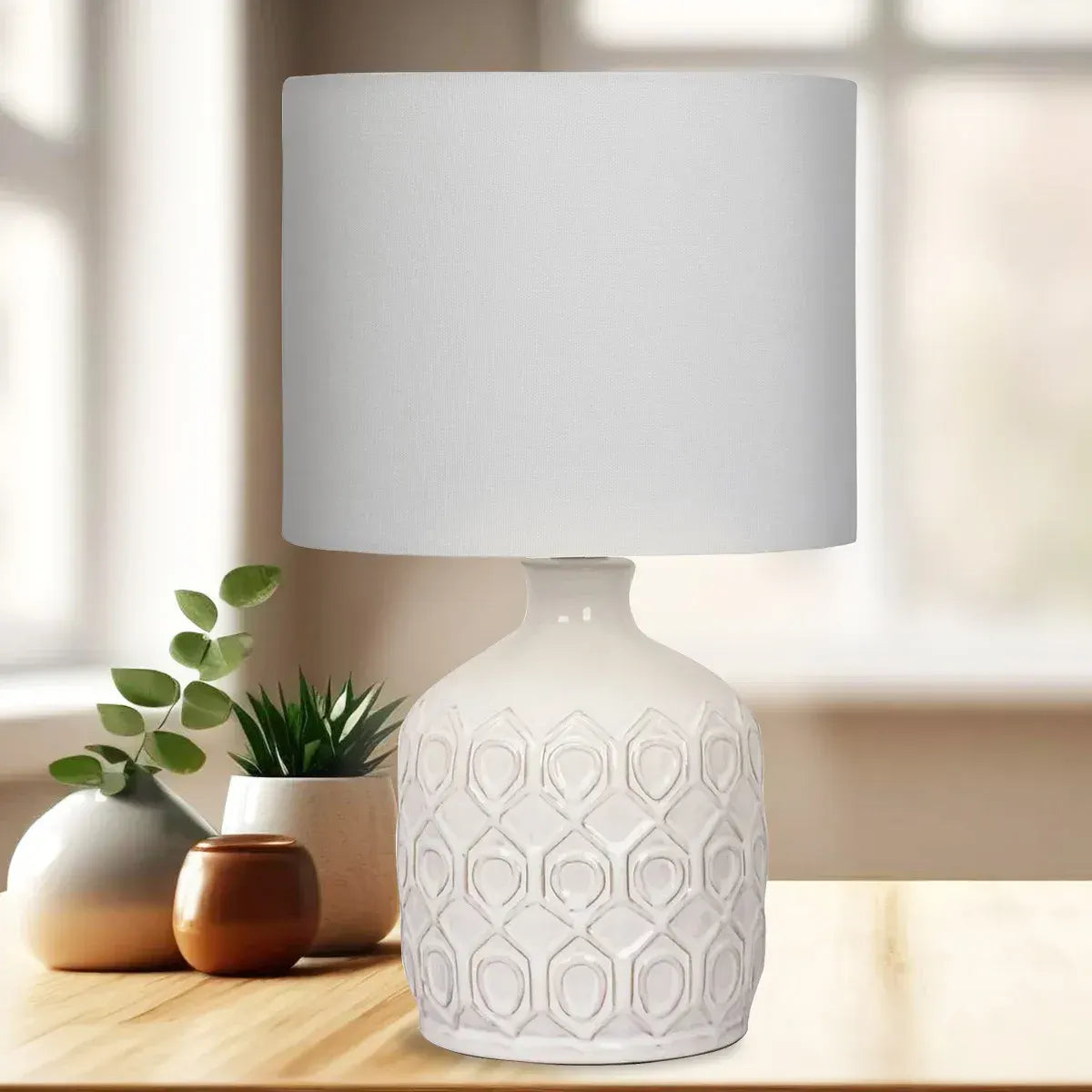 Sarantino Cream Ceramic Table Lamp with White Fabric Shade, Antique Herringbone Patterned Bedside Light - Image 6