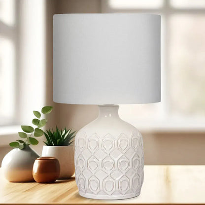 Sarantino Cream Ceramic Table Lamp with White Fabric Shade, Antique Herringbone Patterned Bedside Light - Image 6