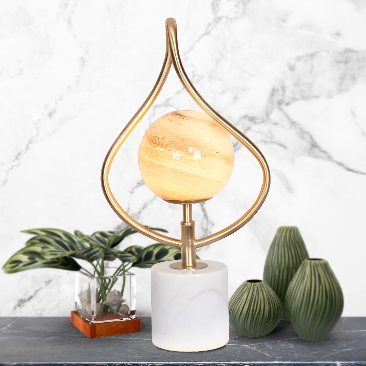 Sarantino Sculptural Orange Glass Table Lamp With White Marble Base - Image 9