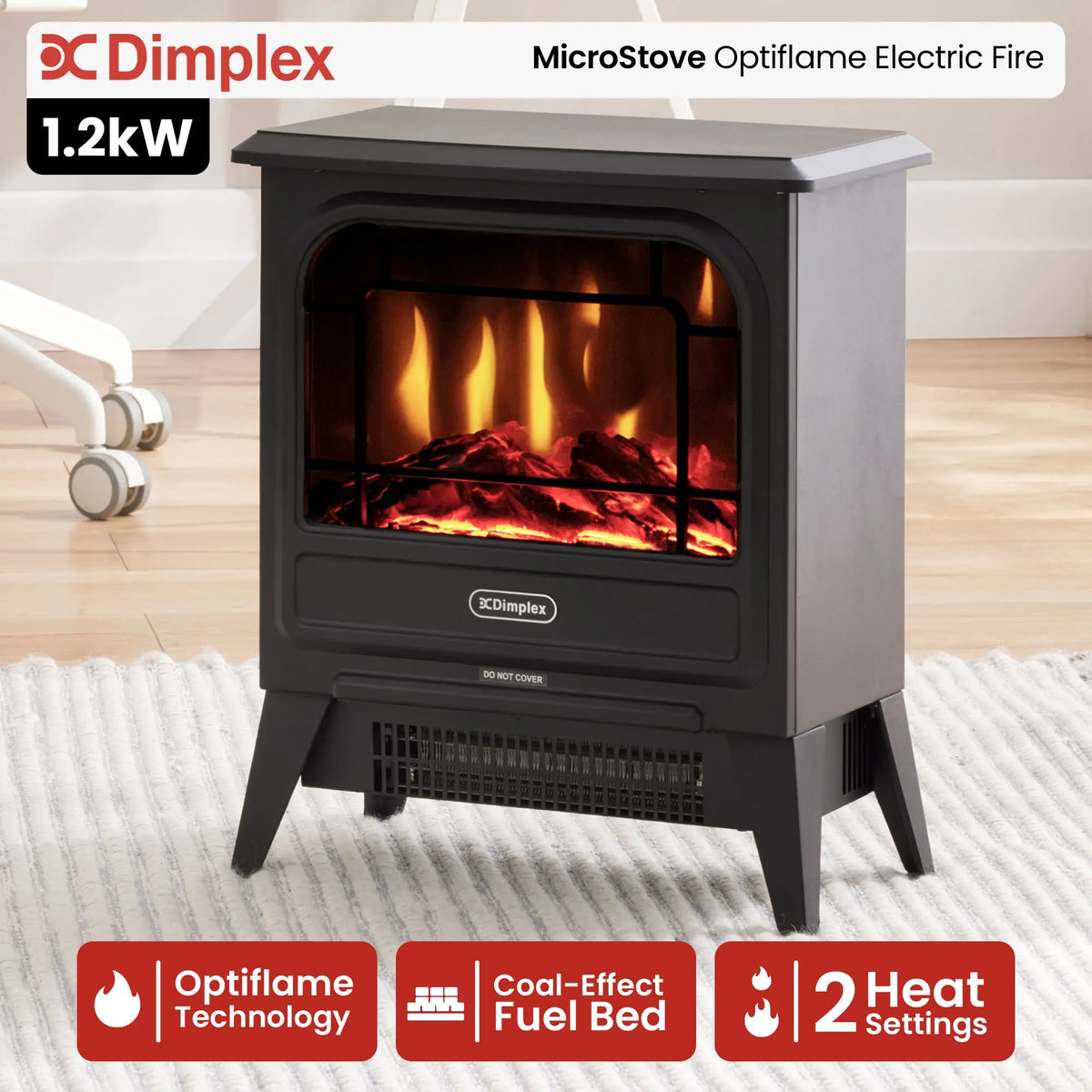 Dimplex MicroStove 1.2kW Portable Electric Fire Stove Heater, Optiflame Coal Effect, Freestanding Cast Iron Black - Image 2