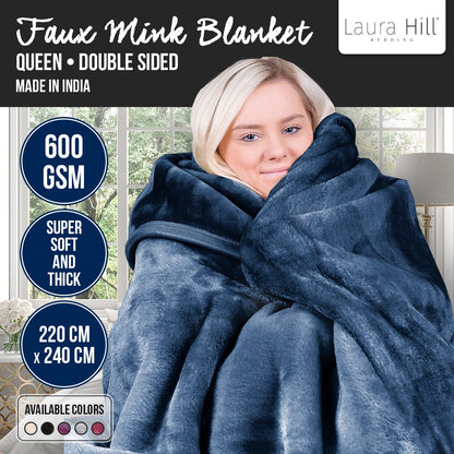 Laura Hill 600gsm Faux Mink Blanket Queen Size Double-sided Throw Rug Large Super Luxurious Soft - Blue - Image 2