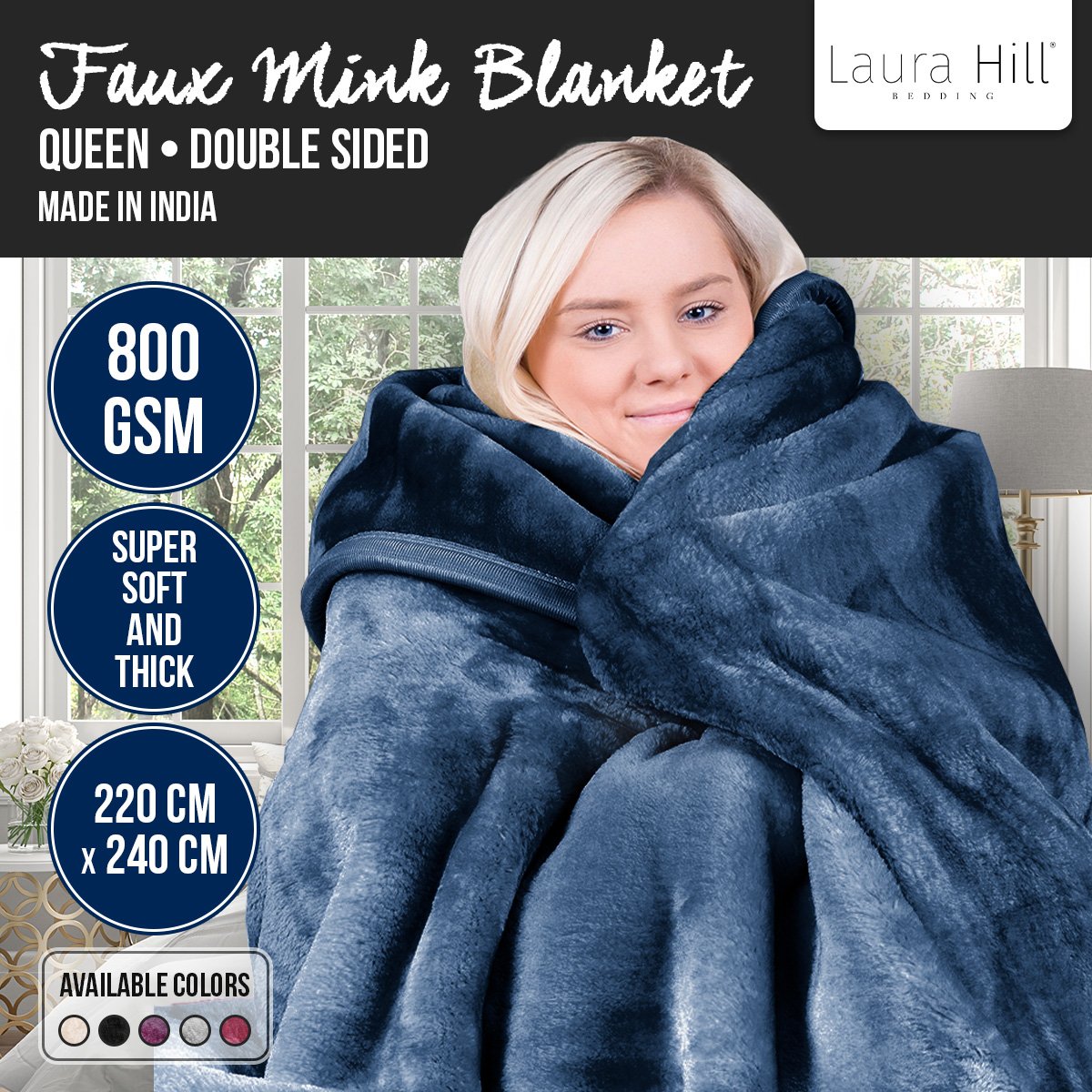 Laura Hill 800-gsm Faux Mink Throw Rug Blanket Queen Size Double-sided Large 220 X 240cm Heavy - Blue - Image 5