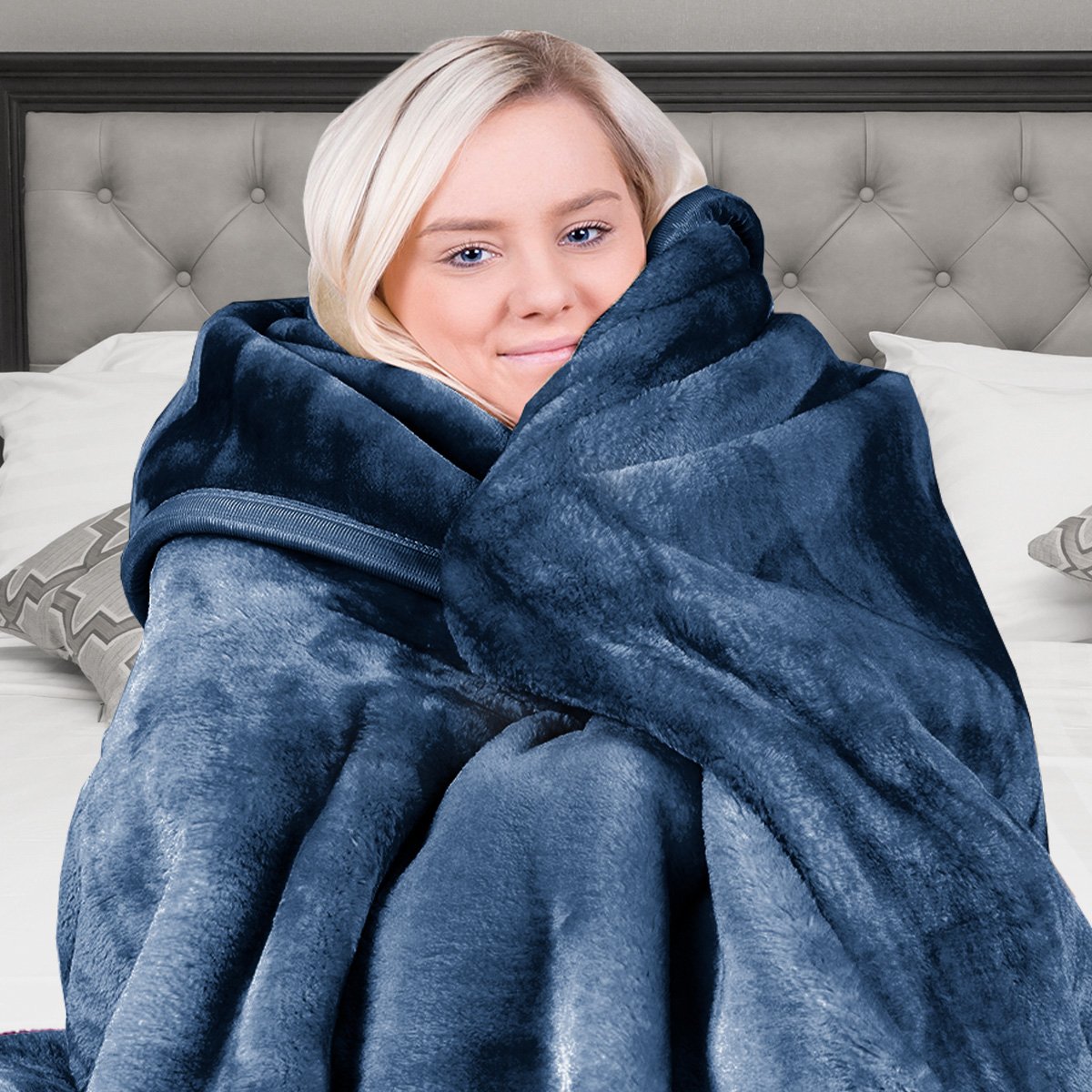 Laura Hill 800-gsm Faux Mink Throw Rug Blanket Queen Size Double-sided Large 220 X 240cm Heavy - Blue - Image 9