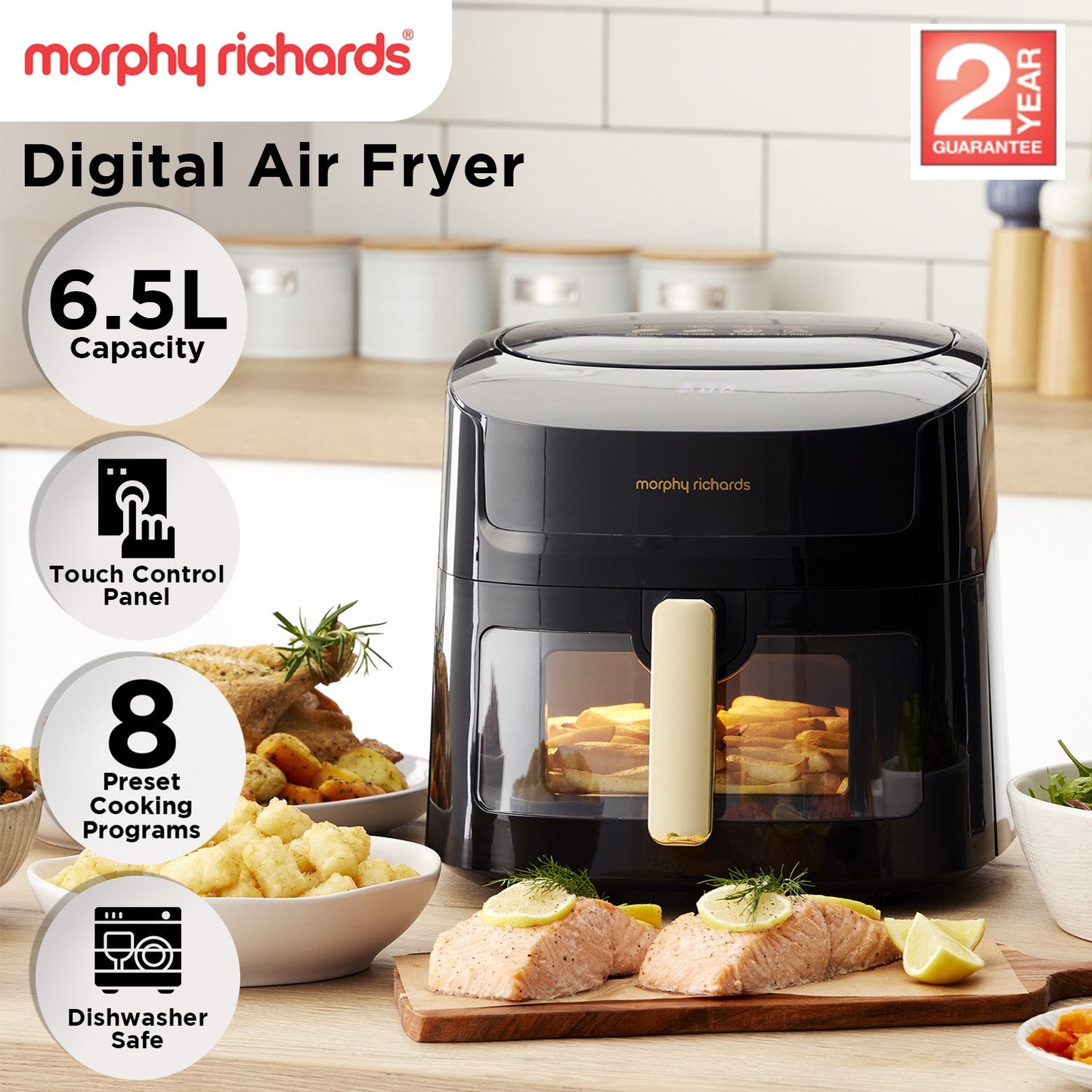Morphy Richards 6.5L Digital Air Fryer MRAF72BK w/LED Touch Control Panel 8 Preset Cooking Programs Non Stick Drawer - Image 2