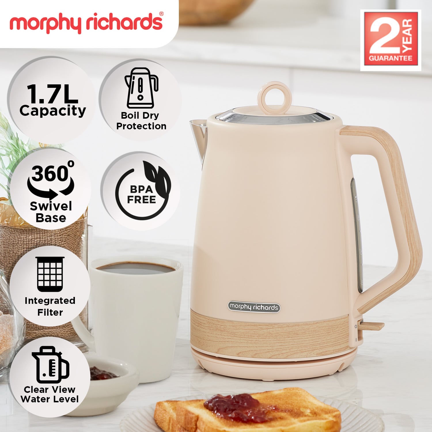 Morphy Richards 1.7L Electric Kettle Essence Scandi Swivel Base Boil-Dry Protection - Image 2