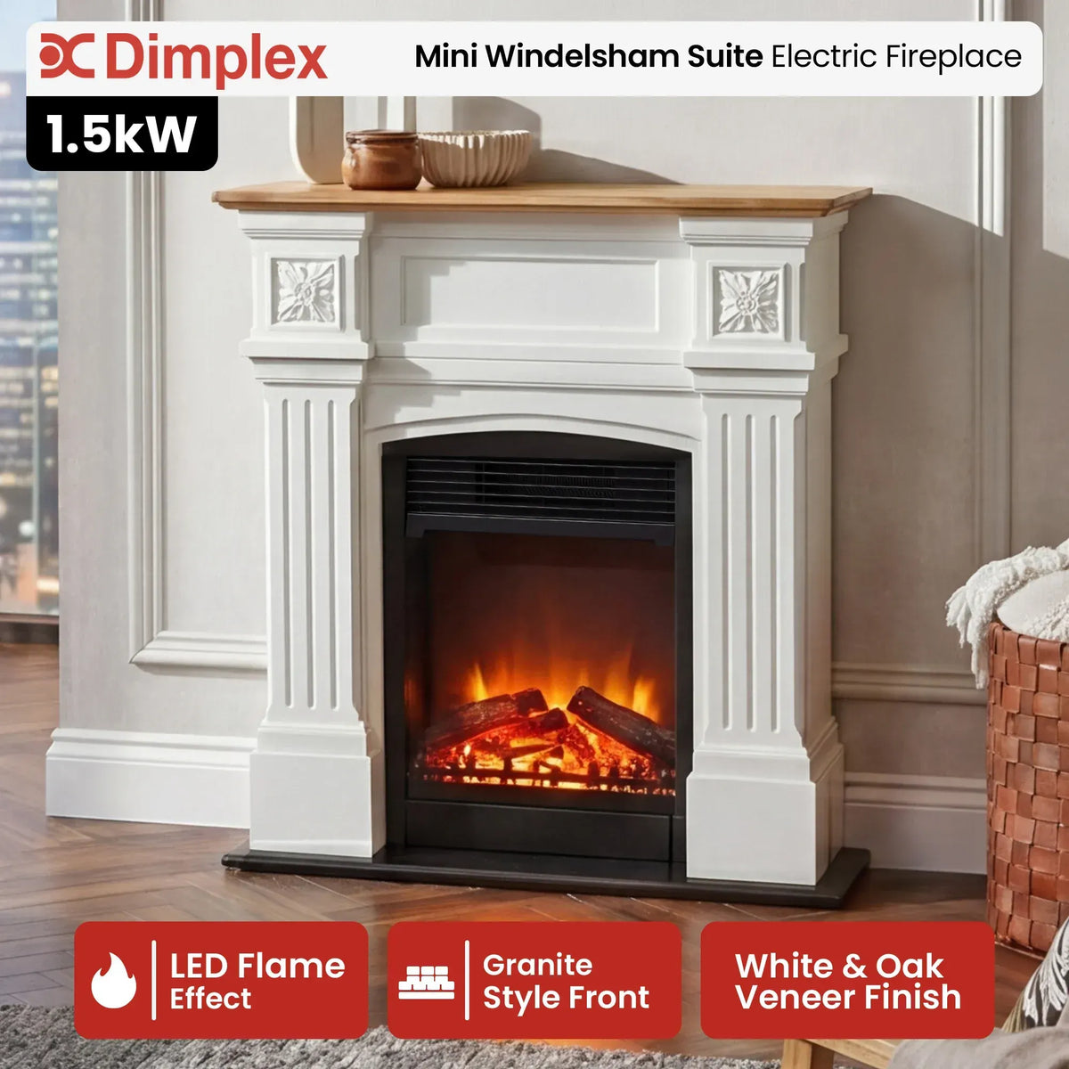 Dimplex 1.5kW Mini Windelsham Suite Electric Fireplace with LED Flame Effect - Image 2