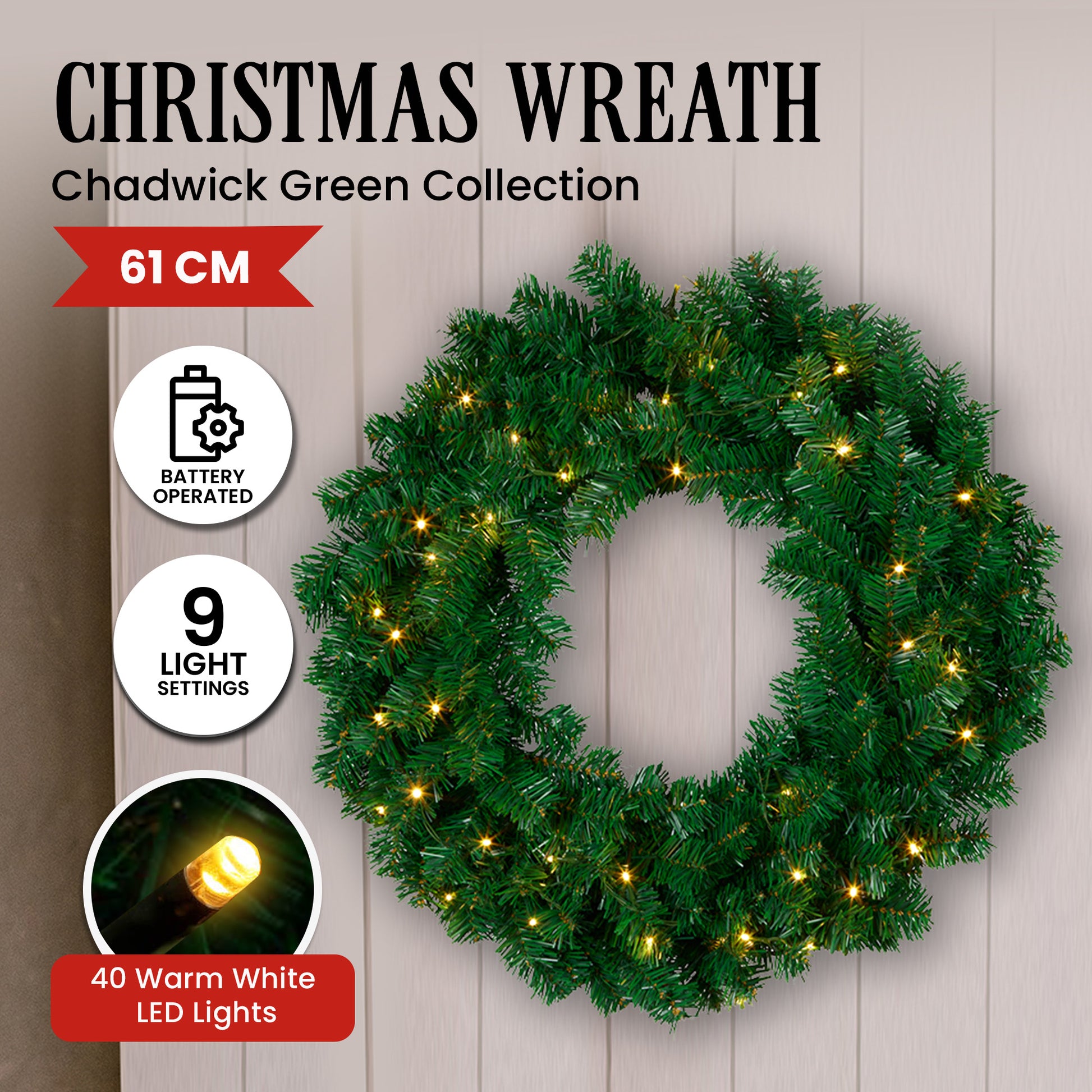 Christabelle 61cm Chadwick Christmas Wreath with LED Lights Front Door Decoration Ornament - Image 3