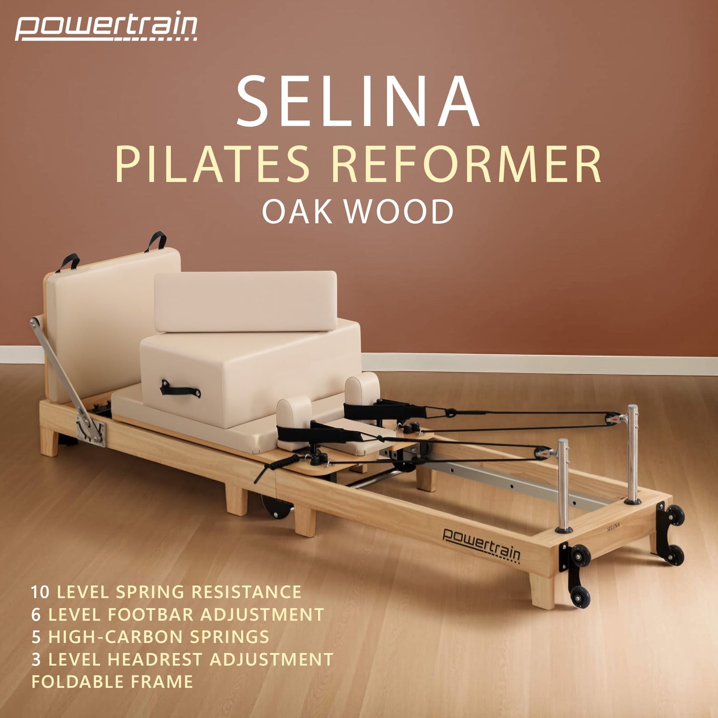 Powertrain Selina Pilates Reformer Machine Wooden Folding Multifunctional Home Gym Equipment with Jumpboard & Sitting Box Oak Beige - Image 2