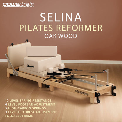 Powertrain Selina Pilates Reformer Machine Wooden Folding Multifunctional Home Gym Equipment with Jumpboard & Sitting Box Oak Beige - Image 2