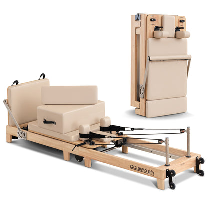 Powertrain Selina Pilates Reformer Machine Wooden Folding Multifunctional Home Gym Equipment with Jumpboard & Sitting Box Oak Beige - Image 3