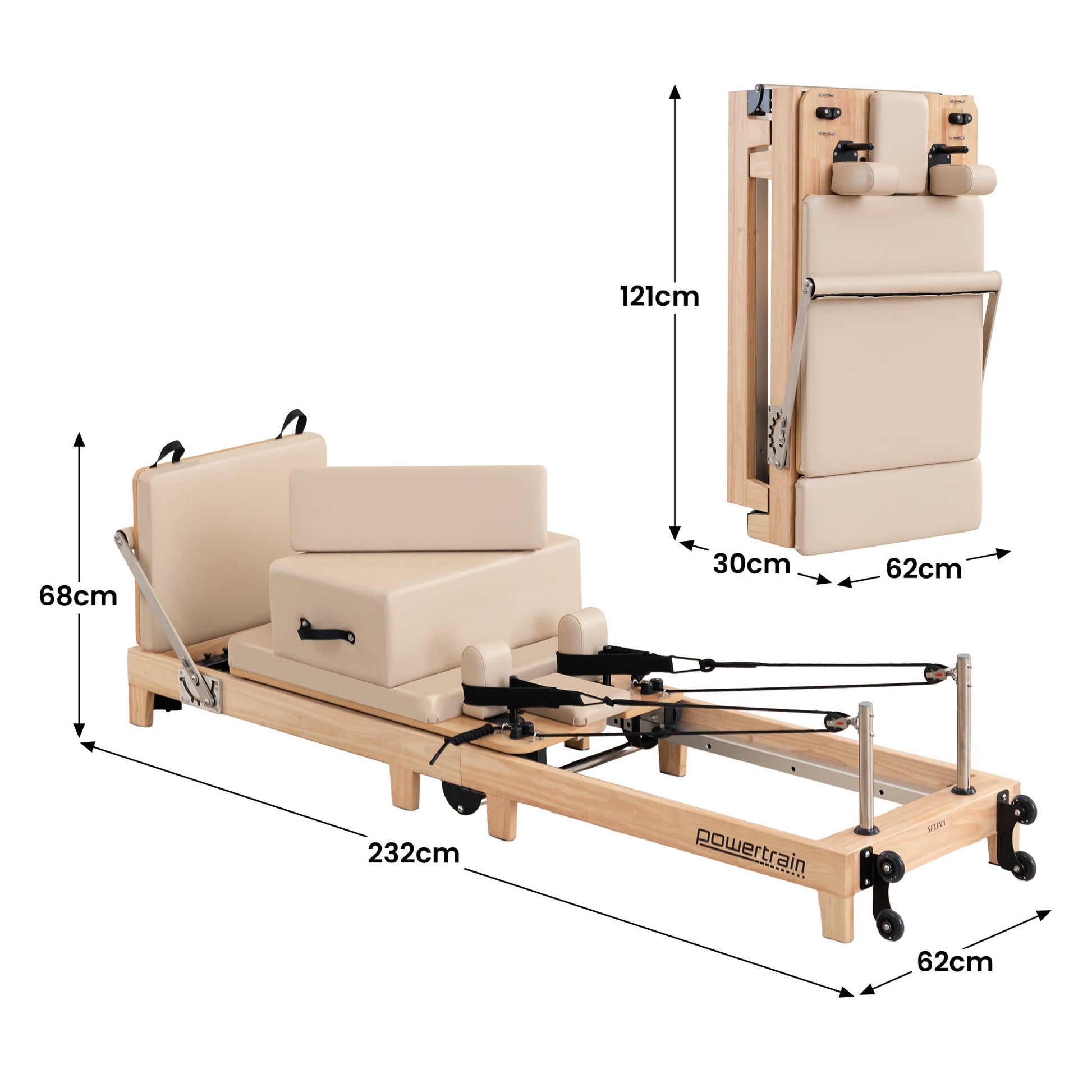 Powertrain Selina Pilates Reformer Machine Wooden Folding Multifunctional Home Gym Equipment with Jumpboard & Sitting Box Oak Beige - Image 4