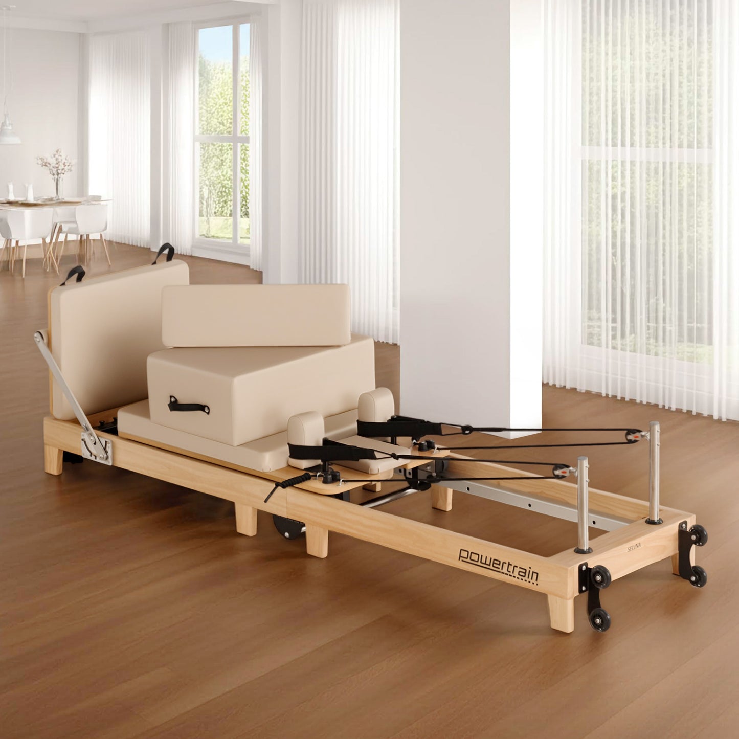 Powertrain Selina Pilates Reformer Machine Wooden Folding Multifunctional Home Gym Equipment with Jumpboard & Sitting Box Oak Beige - Image 7