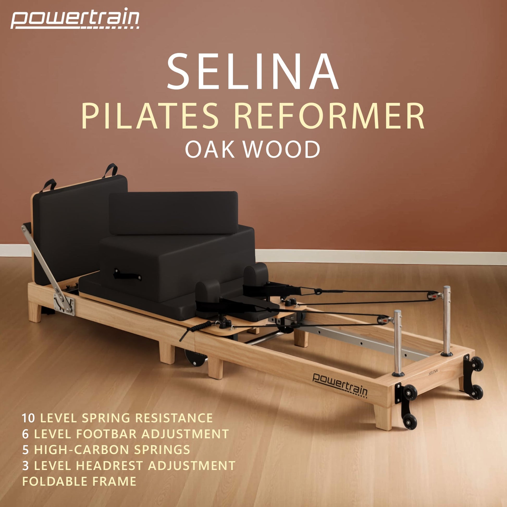 Powertrain Selina Pilates Reformer Machine Wooden Folding Multifunctional Home Gym Equipment with Jumpboard & Sitting Box Oak Black - Image 2