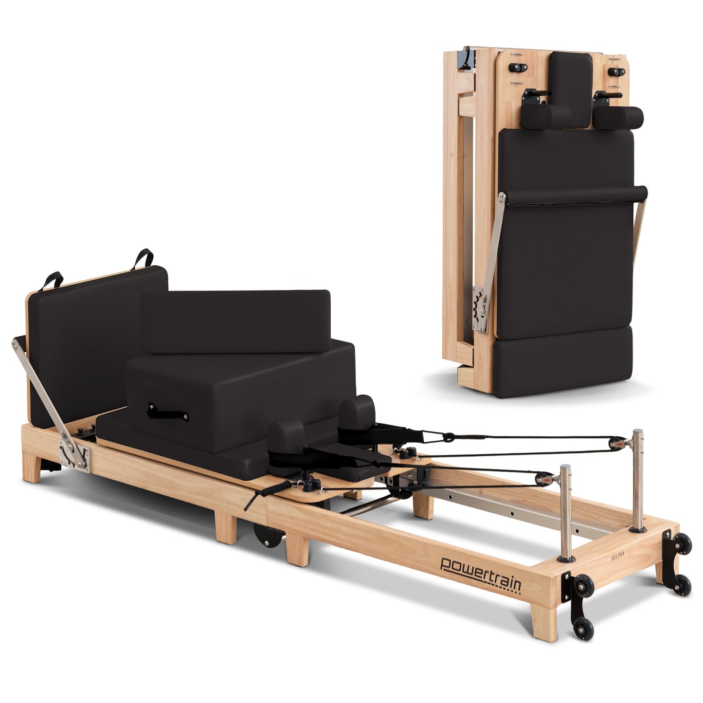 Powertrain Selina Pilates Reformer Machine Wooden Folding Multifunctional Home Gym Equipment with Jumpboard & Sitting Box Oak Black - Image 3
