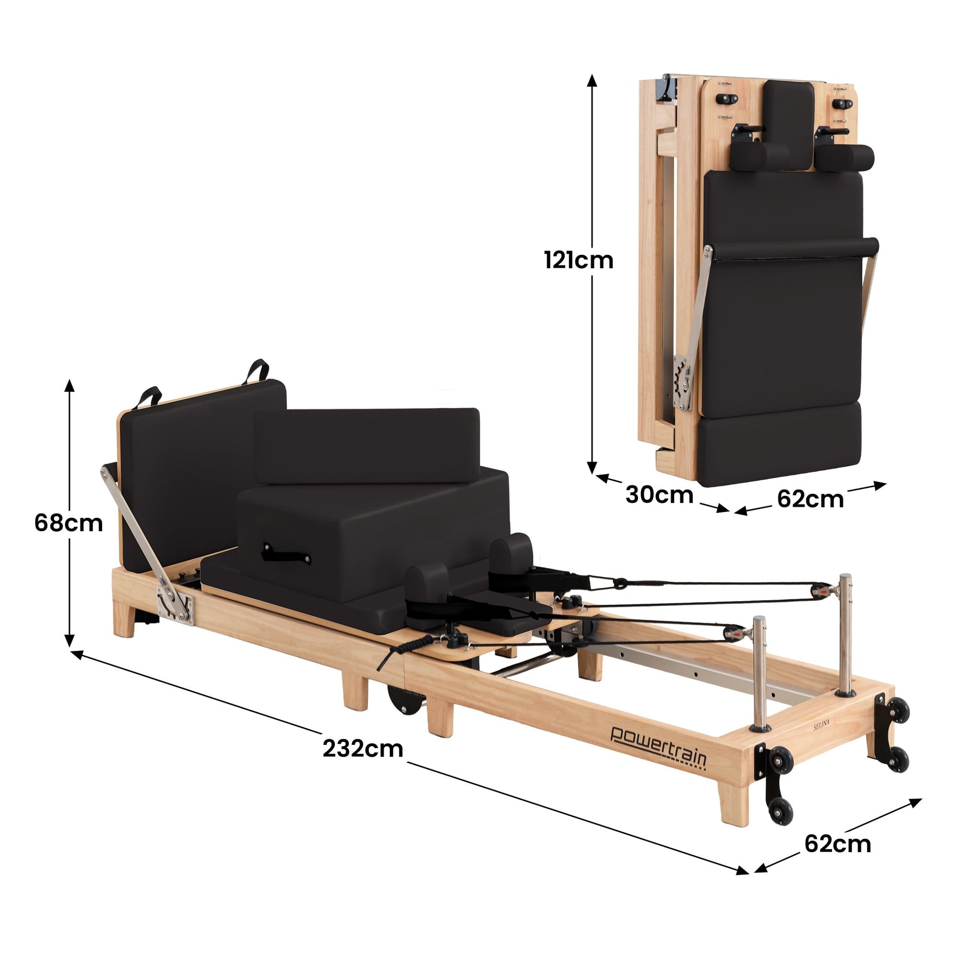 Powertrain Selina Pilates Reformer Machine Wooden Folding Multifunctional Home Gym Equipment with Jumpboard & Sitting Box Oak Black - Image 4