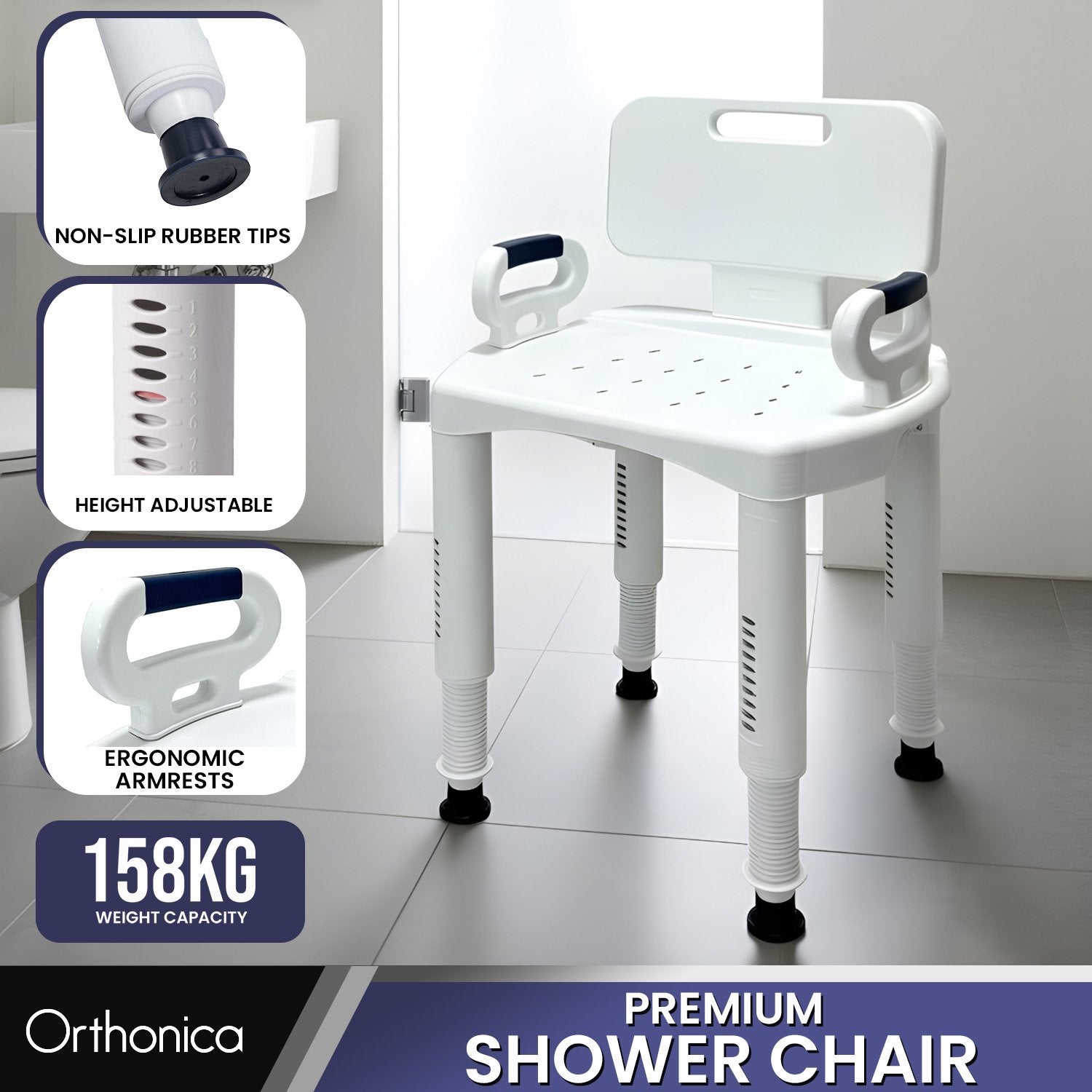 Orthonica Premium Adjustable Shower Chair with Armrests 158kg Capacity - Image 2