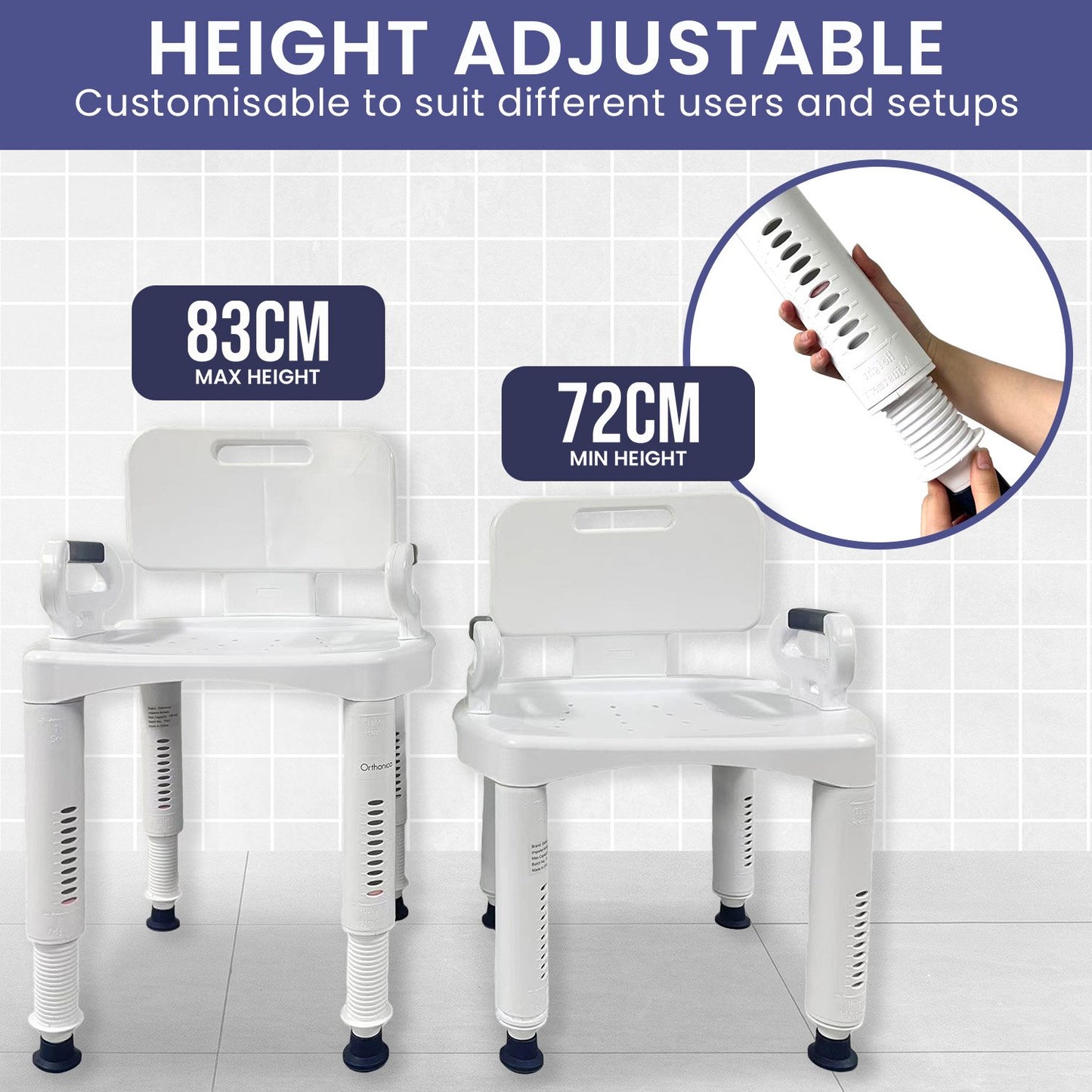 Orthonica Premium Adjustable Shower Chair with Armrests 158kg Capacity - Image 6