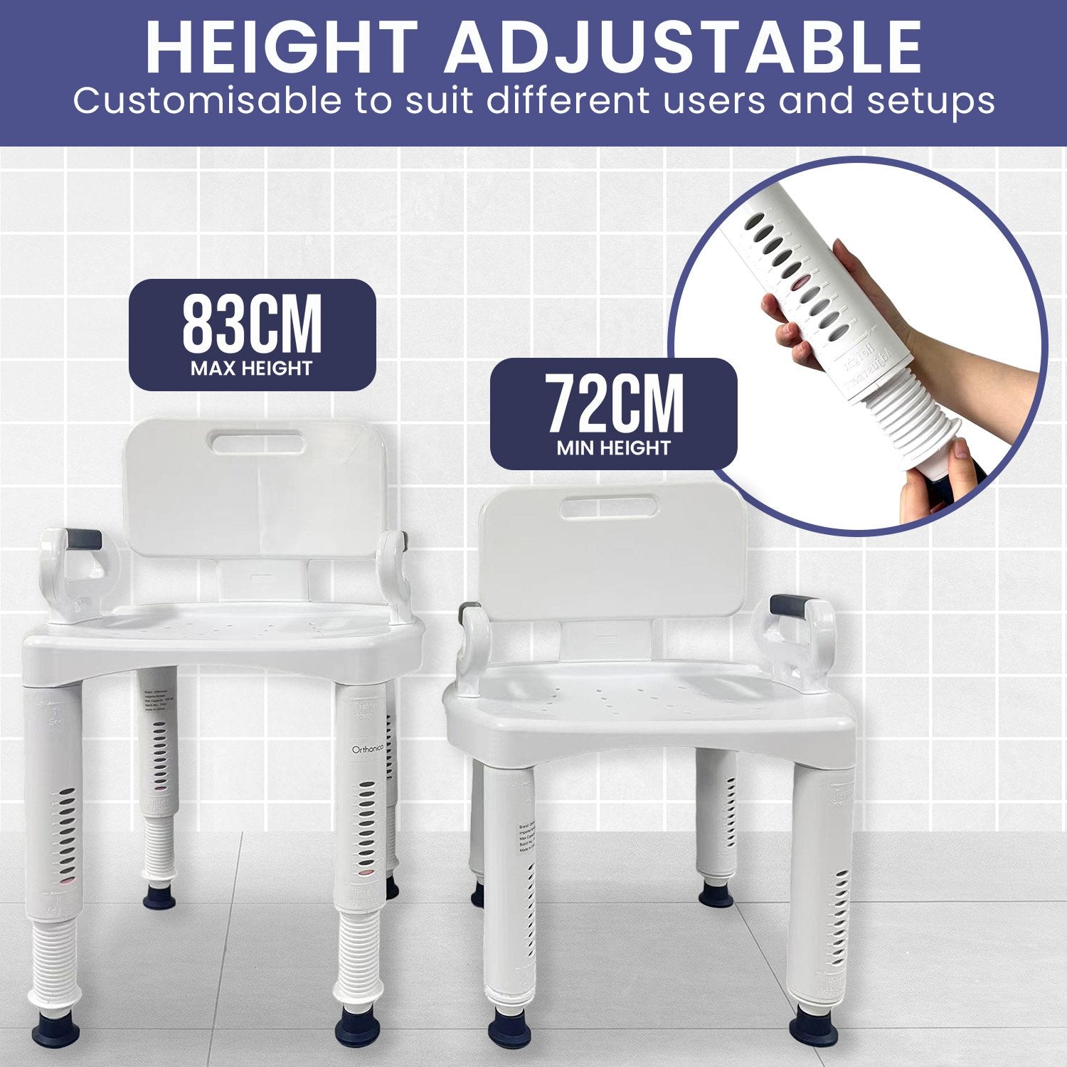 Orthonica Premium Adjustable Shower Chair with Armrests 158kg Capacity - Image 6