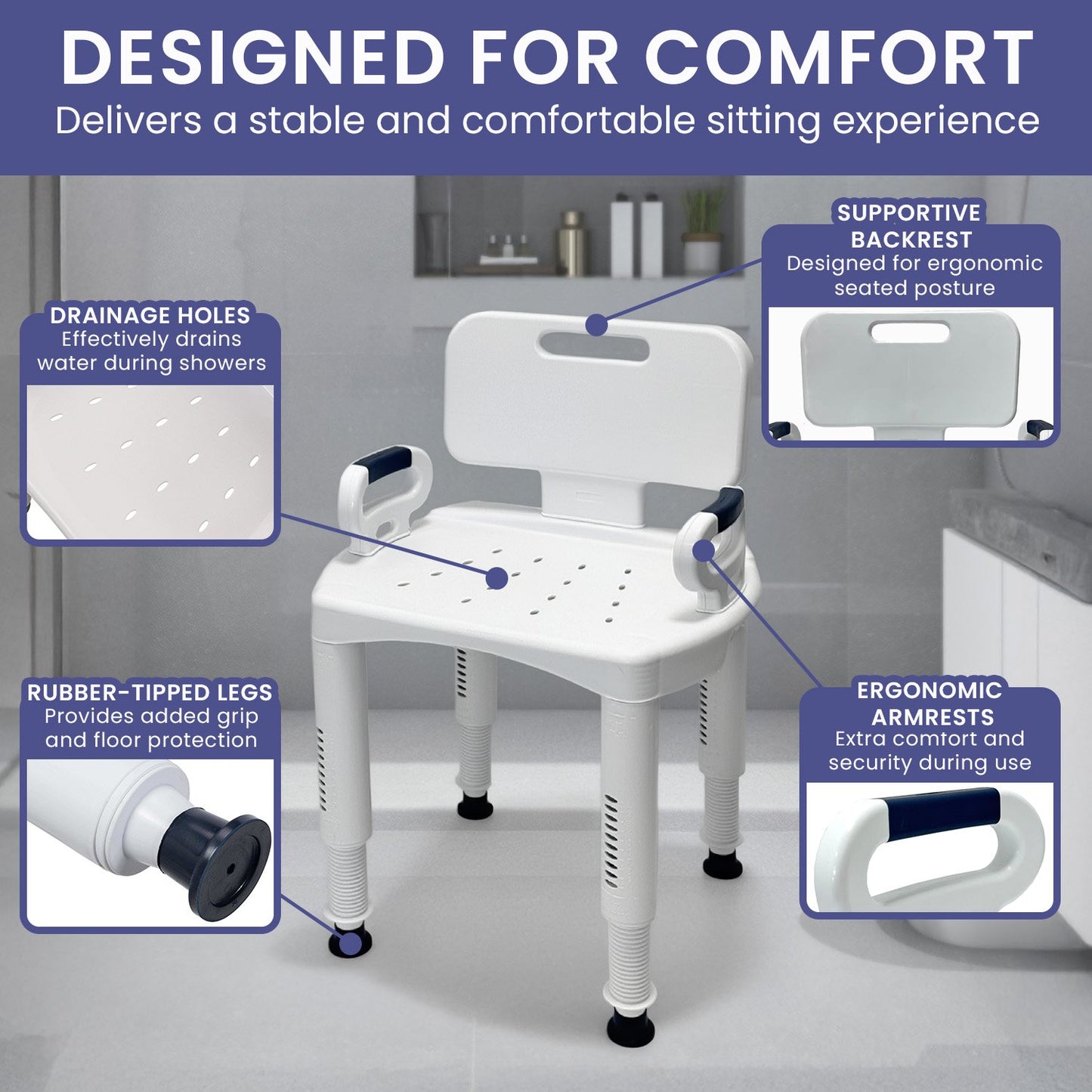 Orthonica Premium Adjustable Shower Chair with Armrests 158kg Capacity - Image 8