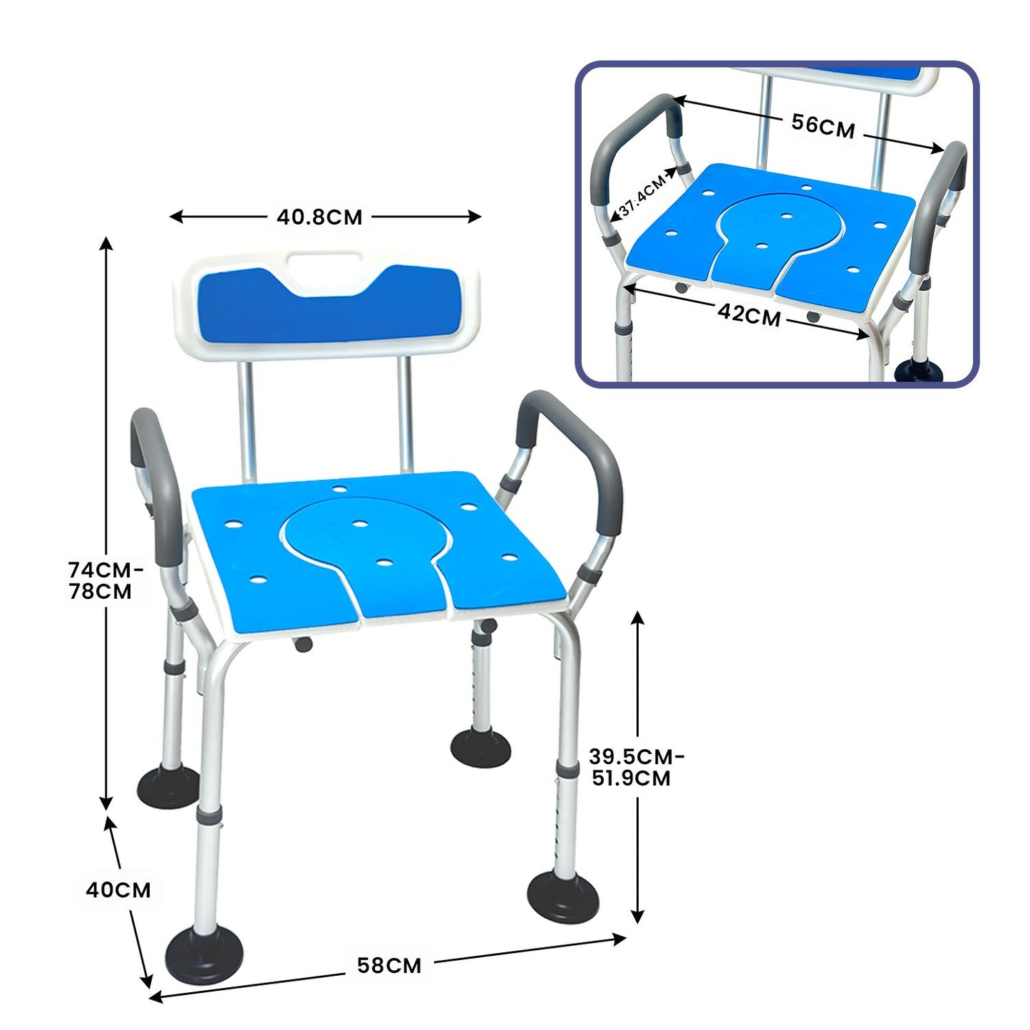 Orthonica Height-Adjustable Aluminium Commode Shower Chair with Armrests Backrest Armrests Soft Stool Seat Aid - Image 3