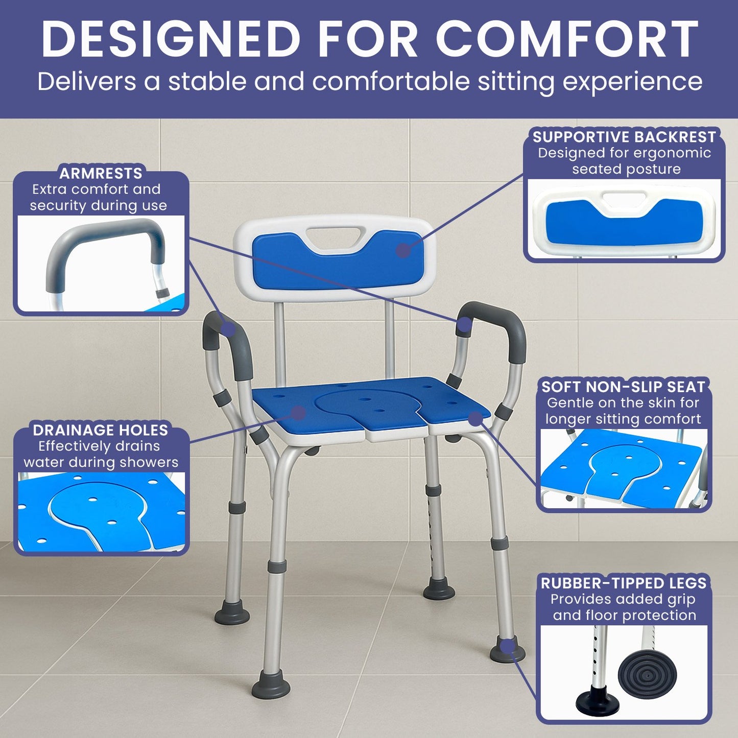 Orthonica Height-Adjustable Aluminium Commode Shower Chair with Armrests Backrest Armrests Soft Stool Seat Aid - Image 4