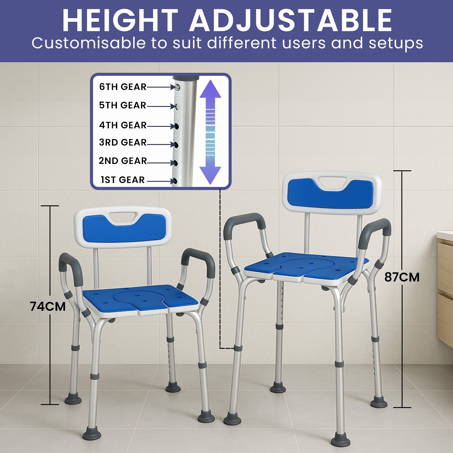 Orthonica Height-Adjustable Aluminium Commode Shower Chair with Armrests Backrest Armrests Soft Stool Seat Aid - Image 5