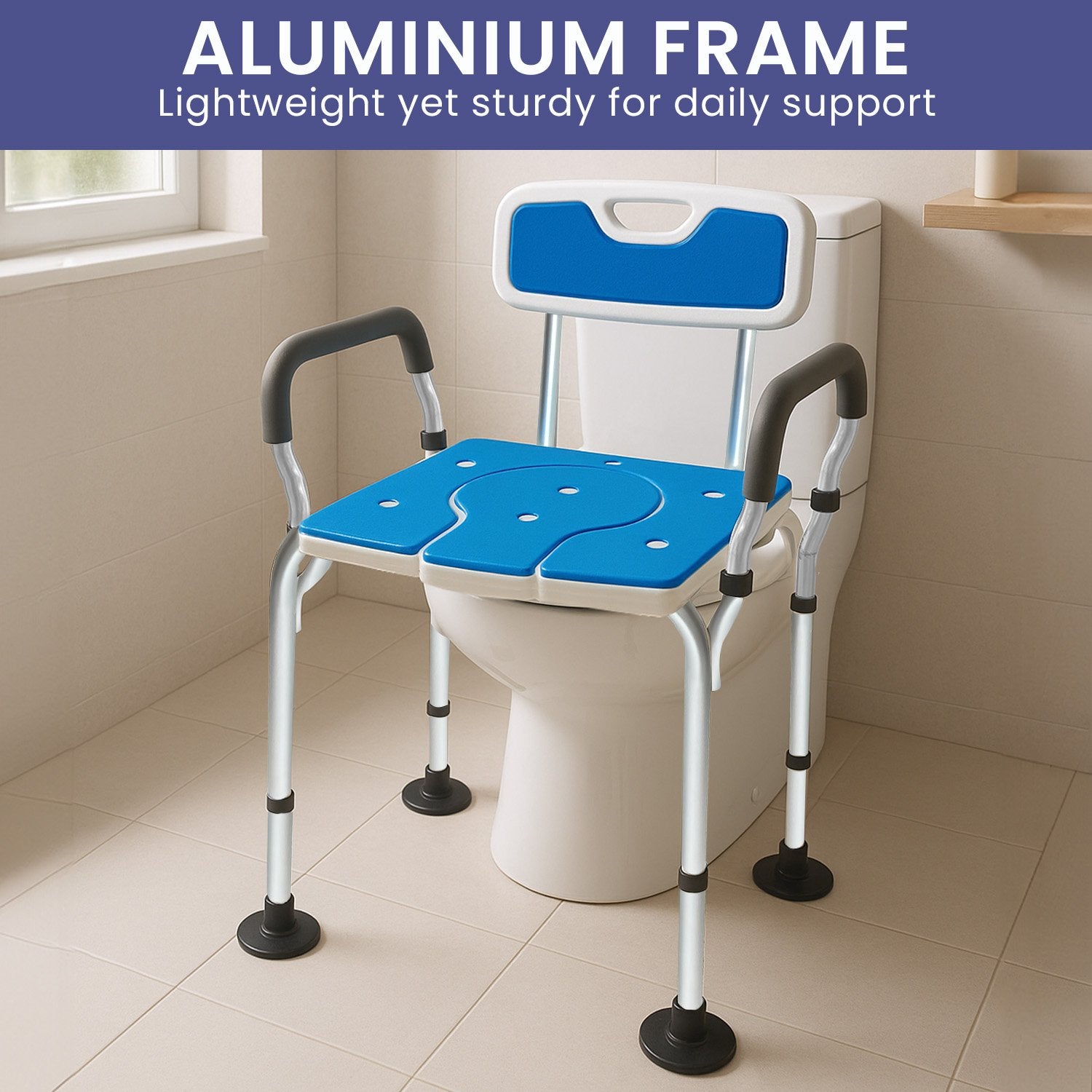Orthonica Height-Adjustable Aluminium Commode Shower Chair with Armrests Backrest Armrests Soft Stool Seat Aid - Image 7