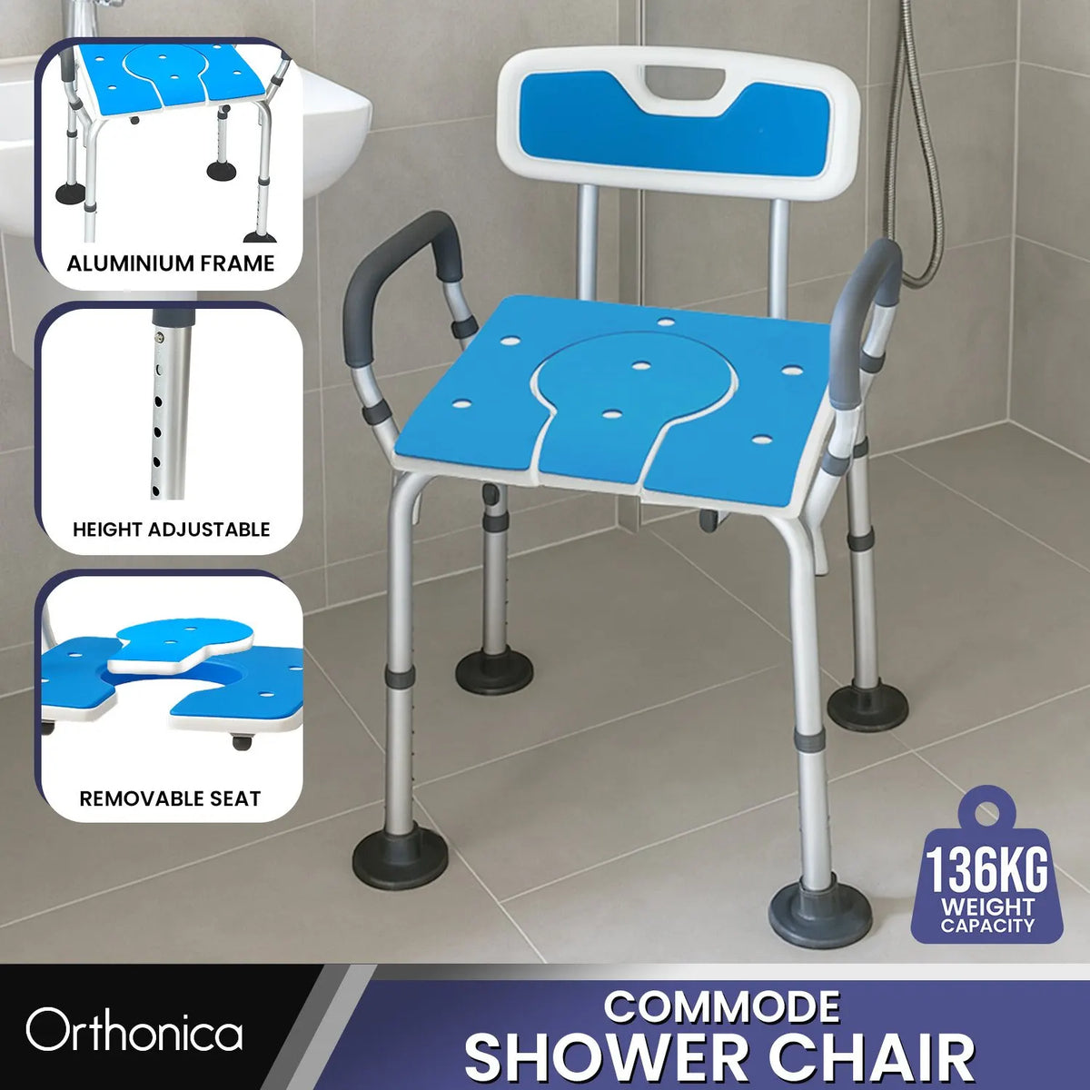 Orthonica Height Adjustable Aluminium Commode Shower Chair with Armrests, Backrest & Soft Padded Toilet Seat - Image 2